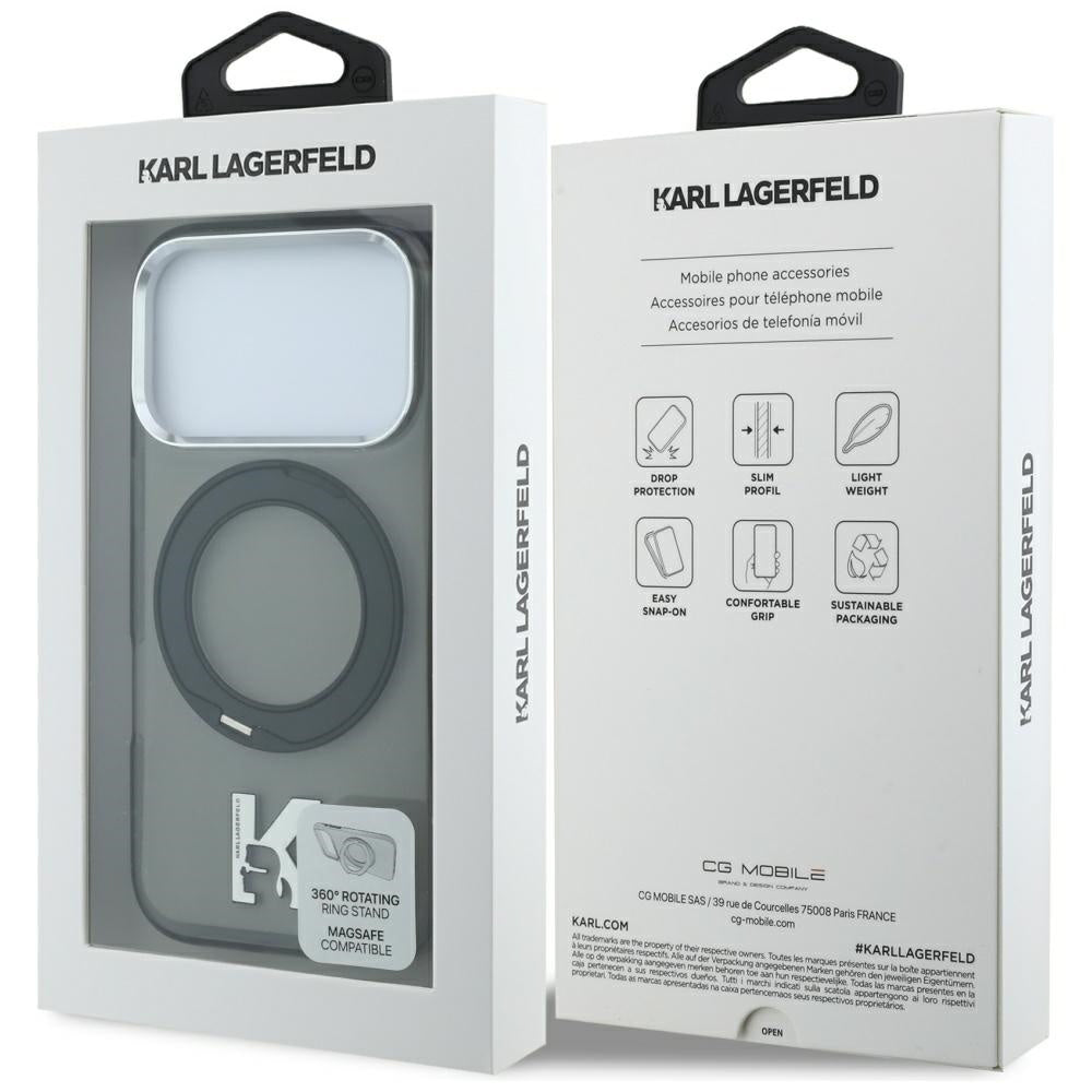 Custodia MagSafe per Apple iPhone 18 Pro / 17 Pro, Karl Lagerfeld, IML Ring Stand Kameo Metal, Nera