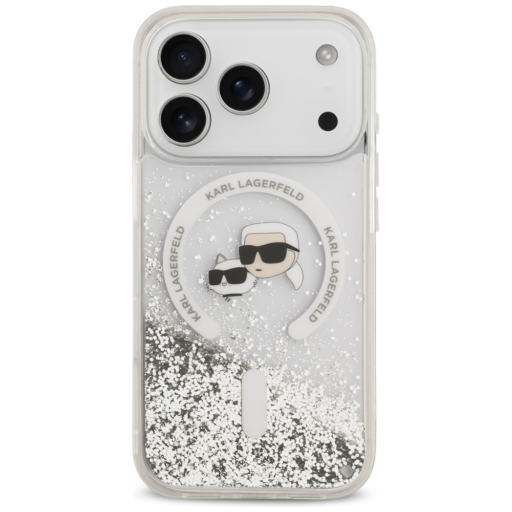 Custodia MagSafe per Apple iPhone 18 Pro / 17 Pro, Karl Lagerfeld, Liquid Glitter Karl & Choupette Head's, Trasparente