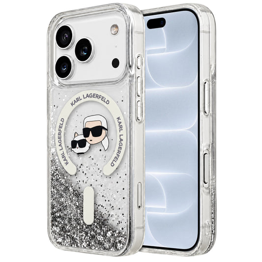 Custodia MagSafe per Apple iPhone 18 Pro / 17 Pro, Karl Lagerfeld, Liquid Glitter Karl & Choupette Head's, Trasparente