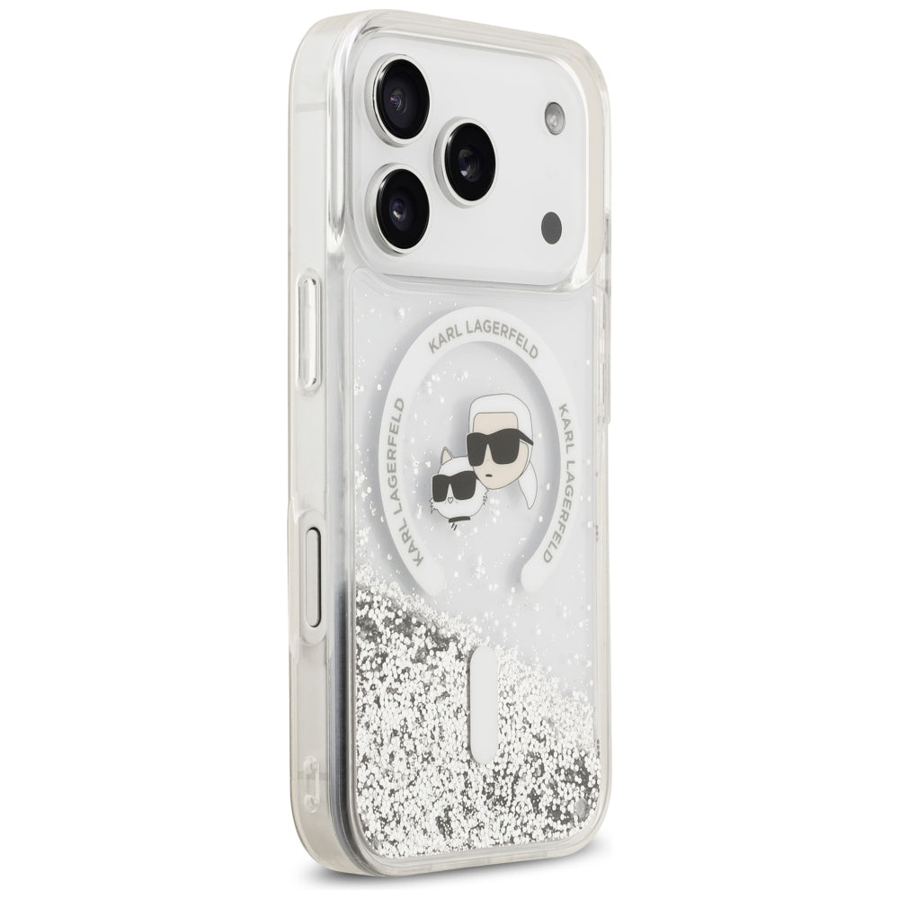Custodia MagSafe per Apple iPhone 18 Pro / 17 Pro, Karl Lagerfeld, Liquid Glitter Karl & Choupette Head's, Trasparente