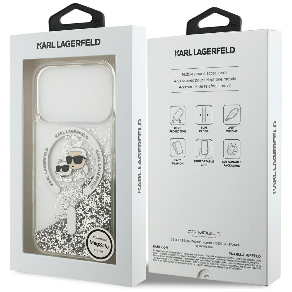 Custodia MagSafe per Apple iPhone 18 Pro / 17 Pro, Karl Lagerfeld, Liquid Glitter Karl & Choupette Head's, Trasparente