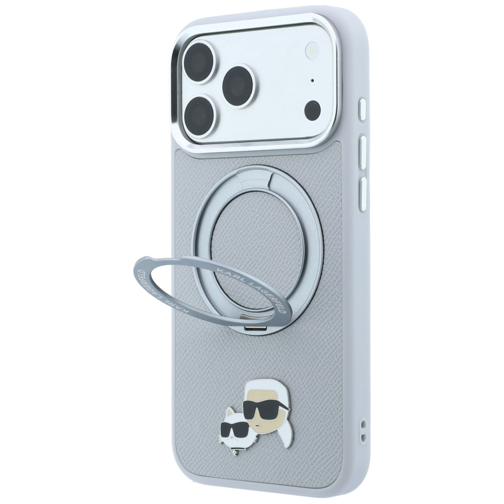 Custodia MagSafe per Apple iPhone 18 Pro / 17 Pro, Karl Lagerfeld, Ring Stand 360 Karl & Choupette Pin, Grigia