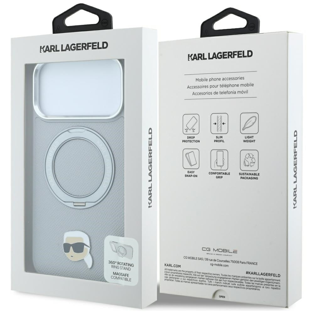 Custodia MagSafe per Apple iPhone 18 Pro / 17 Pro, Karl Lagerfeld, Ring Stand 360 Karl Pin, Grigio