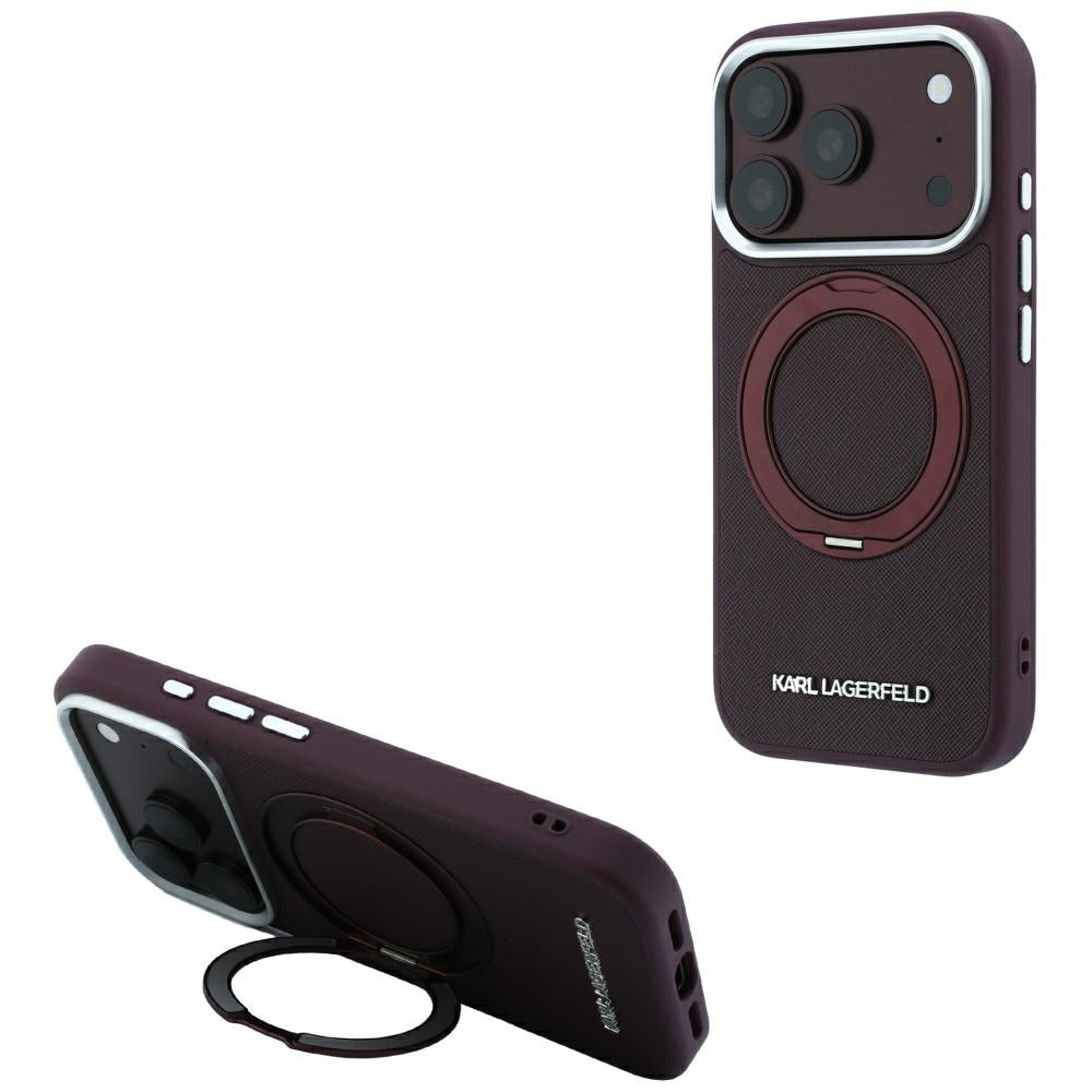 Custodia MagSafe per Apple iPhone 18 Pro / 17 Pro, Karl Lagerfeld, Ring Stand 360 Saffiano, color bordeaux