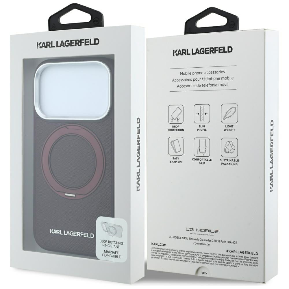 Custodia MagSafe per Apple iPhone 18 Pro / 17 Pro, Karl Lagerfeld, Ring Stand 360 Saffiano, color bordeaux