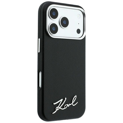 Custodia MagSafe per Apple iPhone 18 Pro / 17 Pro, Karl Lagerfeld, Saffiano Small Script Metal Logo, Nera