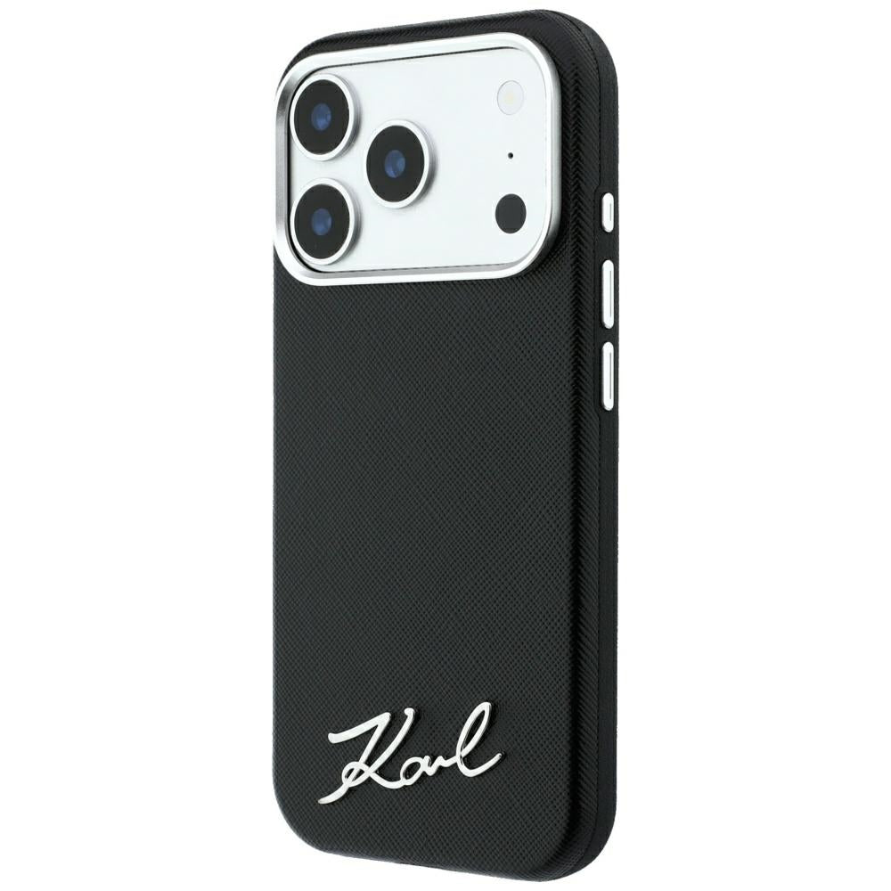 Custodia MagSafe per Apple iPhone 18 Pro / 17 Pro, Karl Lagerfeld, Saffiano Small Script Metal Logo, Nera