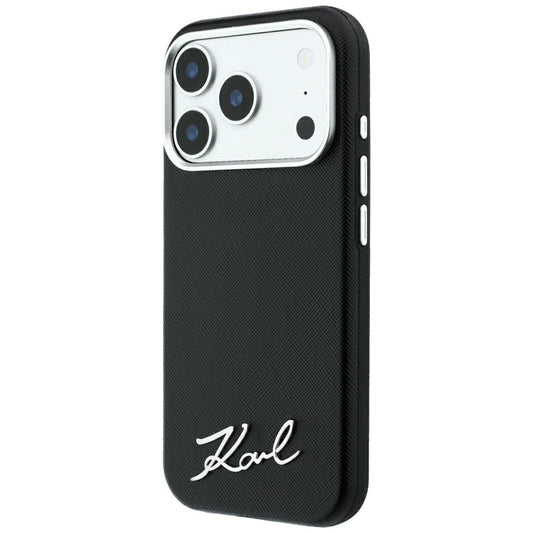 Custodia MagSafe per Apple iPhone 18 Pro / 17 Pro, Karl Lagerfeld, Saffiano Small Script Metal Logo, Nera