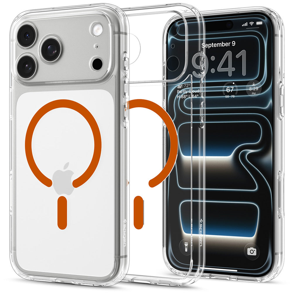 Custodia MagSafe per Apple iPhone 18 Pro / 17 Pro, Spigen, Ultra Hybrid, Trasparente Arancione ACS12159
