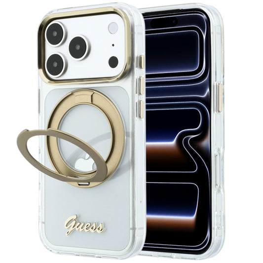 Custodia MagSafe per Apple iPhone 18 Pro, Guess, Ring Stand Script Metal Logo, Trasparente