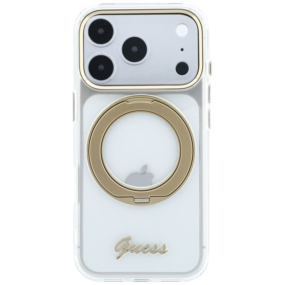 MagSafe Case for Apple iPhone 18 Pro, Guess, Ring Stand Script Metal Logo, Transparent