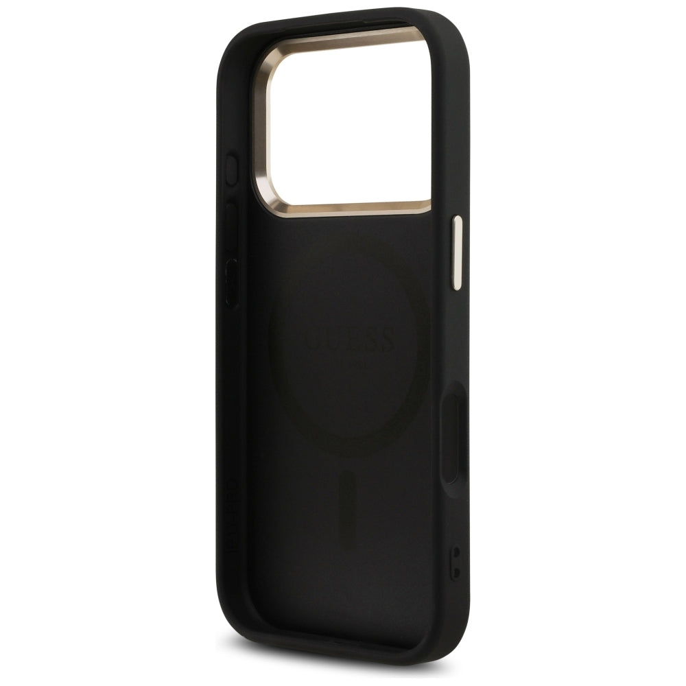 Custodia MagSafe per Apple iPhone 18 Pro Max / 17 Pro Max, Guess, logo triangolare 4G, nera e dorata