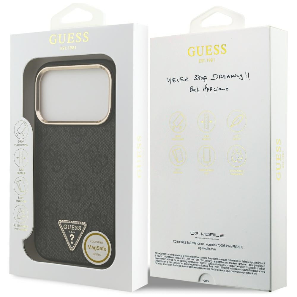 Custodia MagSafe per Apple iPhone 18 Pro Max / 17 Pro Max, Guess, logo triangolare 4G, nera e dorata