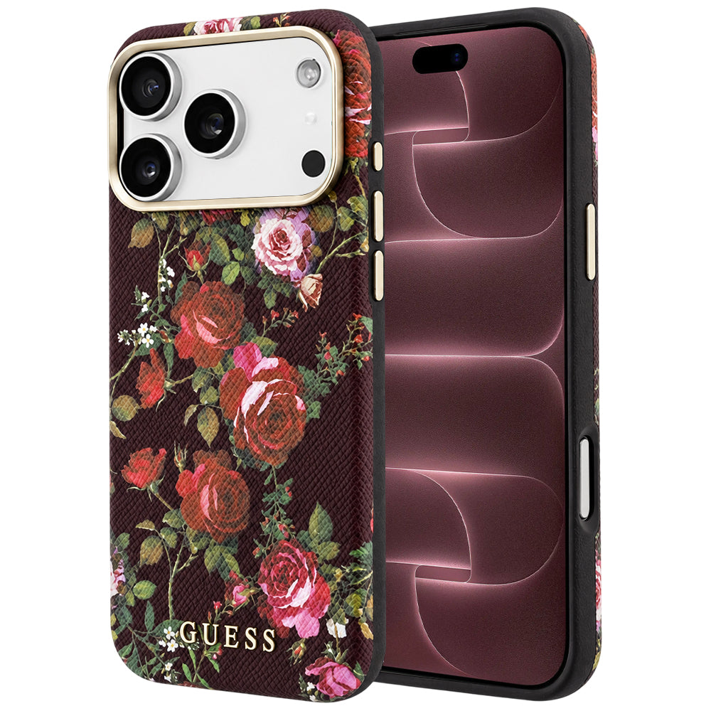 Custodia MagSafe per Apple iPhone 18 Pro Max / 17 Pro Max, Guess, Blossom Roses Print, bordeaux
