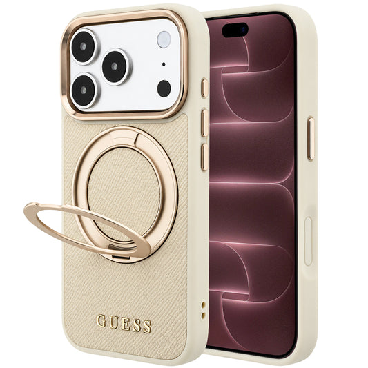 Custodia MagSafe per Apple iPhone 18 Pro Max / 17 Pro Max, Guess, Grained Ring Stand 360 Classic, Beige