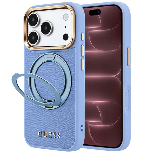 Custodia MagSafe per Apple iPhone 18 Pro Max / 17 Pro Max, Guess, Grained Ring Stand 360 Classic, blu