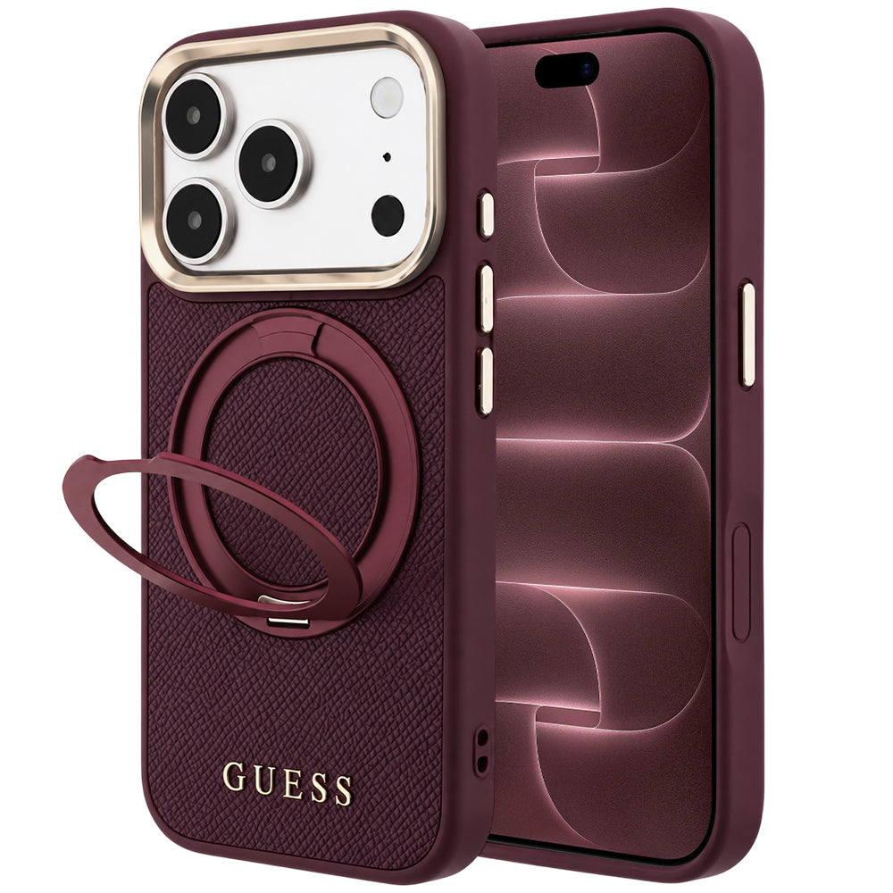 Custodia MagSafe per Apple iPhone 18 Pro Max / 17 Pro Max, Guess, Grained Ring Stand 360 Classic, Vinaccia