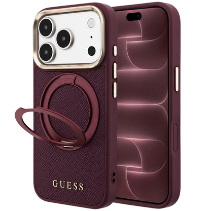 Custodia MagSafe per Apple iPhone 18 Pro Max / 17 Pro Max, Guess, Grained Ring Stand 360 Classic, Vinaccia