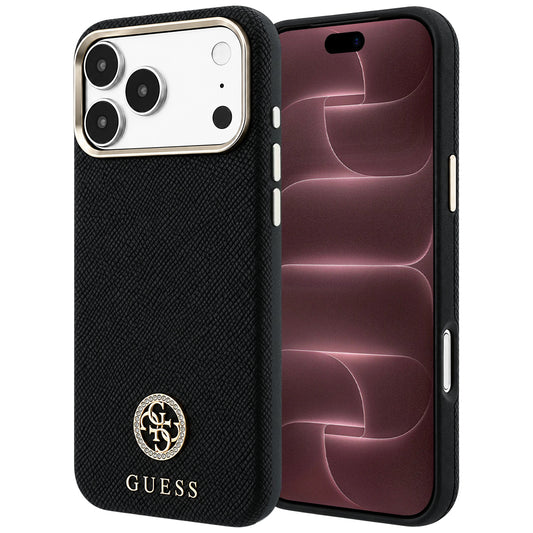 Custodia MagSafe per Apple iPhone 18 Pro Max / 17 Pro Max, Guess, Logo Rotondo con Strass Granulato, Nera