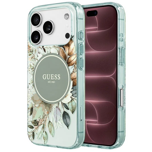Custodia MagSafe per Apple iPhone 18 Pro Max / 17 Pro Max, Guess, IML Flower & Tonal Circle, Verde