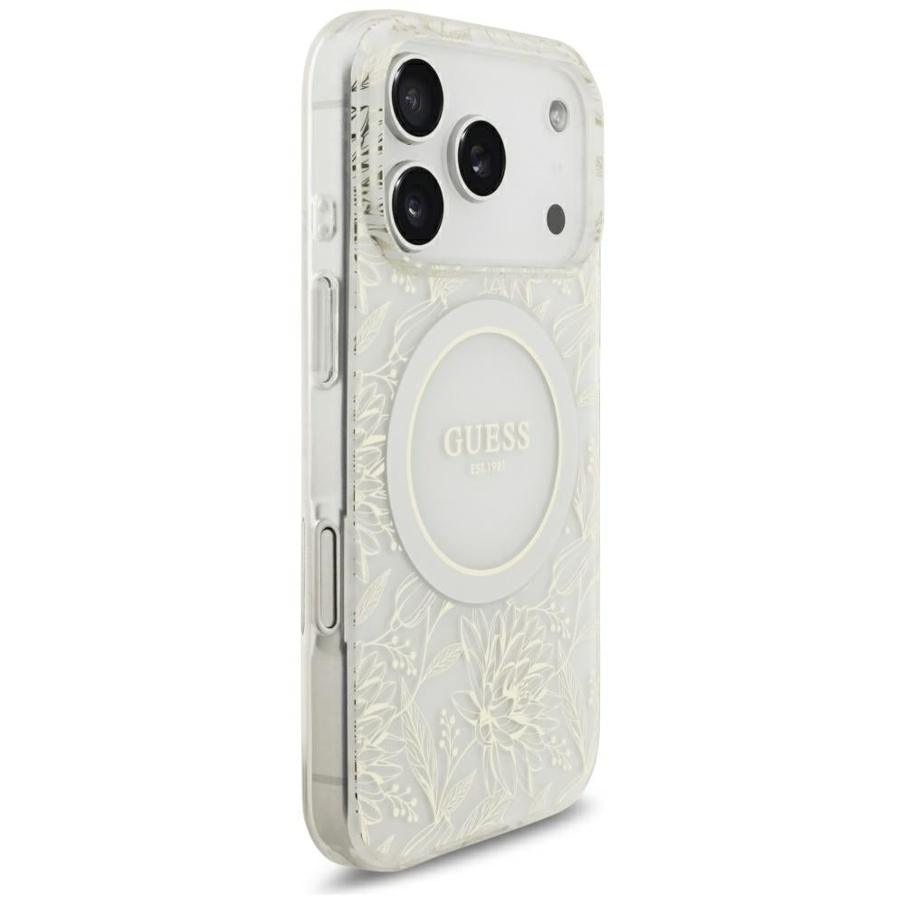 Custodia MagSafe per Apple iPhone 18 Pro Max / 17 Pro Max, Guess, IML Flowers Placcata Elettroliticamente con Cinturino Perla, Bianca