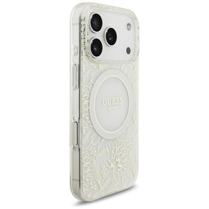 Custodia MagSafe per Apple iPhone 18 Pro Max / 17 Pro Max, Guess, IML Flowers Placcata Elettroliticamente con Cinturino Perla, Bianca