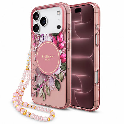 Custodia MagSafe per Apple iPhone 18 Pro Max / 17 Pro Max, Guess, IML Flowers with Pearl Strap, rosa