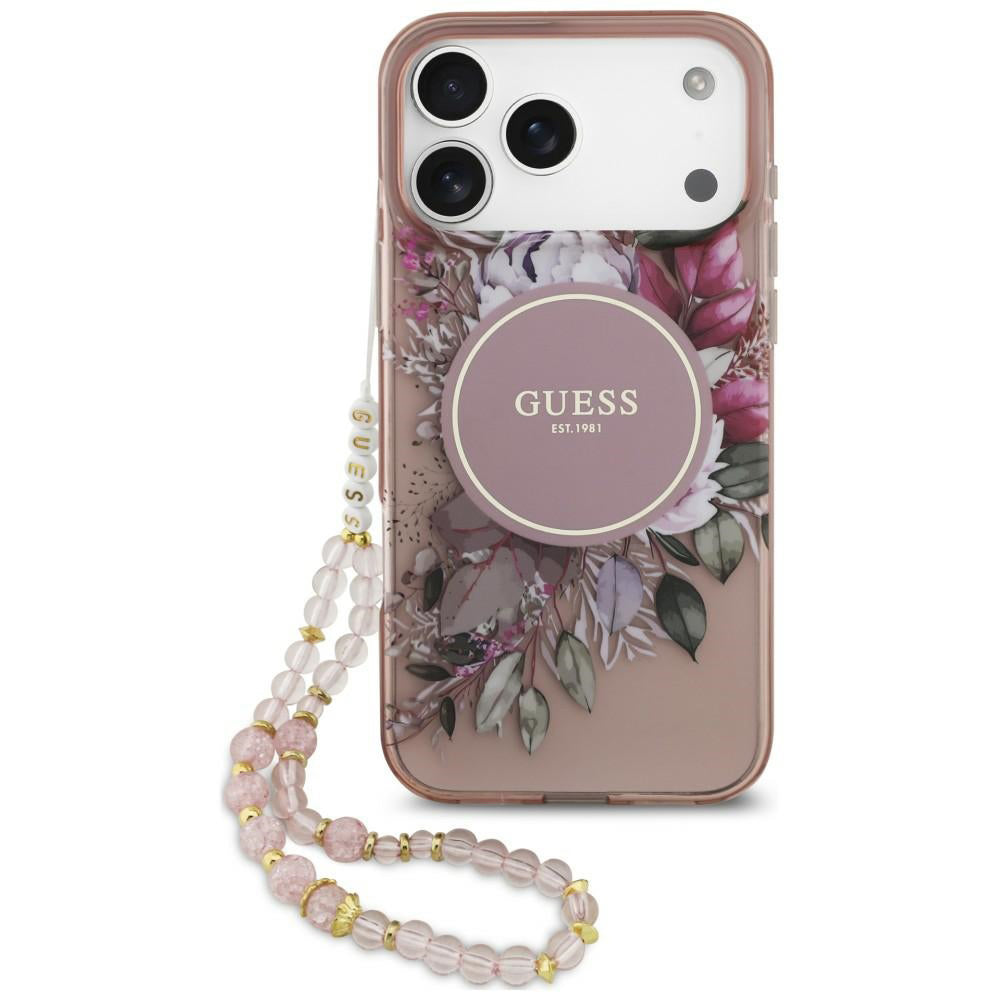Custodia MagSafe per Apple iPhone 18 Pro Max / 17 Pro Max, Guess, IML Flowers with Pearl Strap, rosa