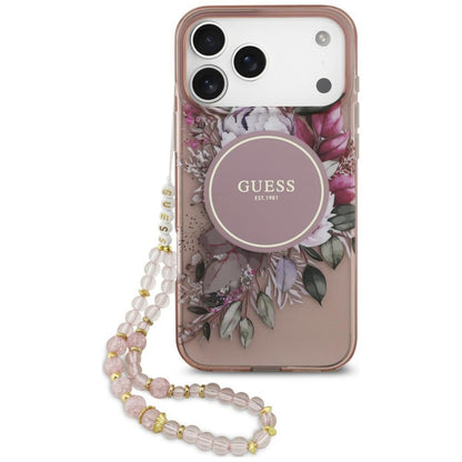 Custodia MagSafe per Apple iPhone 18 Pro Max / 17 Pro Max, Guess, IML Flowers with Pearl Strap, rosa