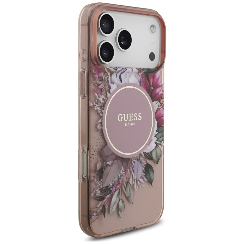 Custodia MagSafe per Apple iPhone 18 Pro Max / 17 Pro Max, Guess, IML Flowers with Pearl Strap, rosa