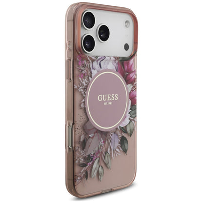 Custodia MagSafe per Apple iPhone 18 Pro Max / 17 Pro Max, Guess, IML Flowers with Pearl Strap, rosa