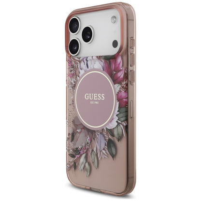 Custodia MagSafe per Apple iPhone 18 Pro Max / 17 Pro Max, Guess, IML Flowers with Pearl Strap, rosa