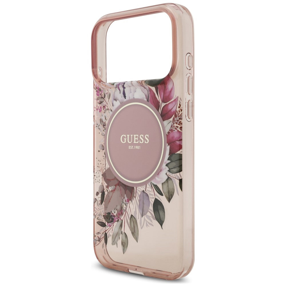 Custodia MagSafe per Apple iPhone 18 Pro Max / 17 Pro Max, Guess, IML Flowers with Pearl Strap, rosa