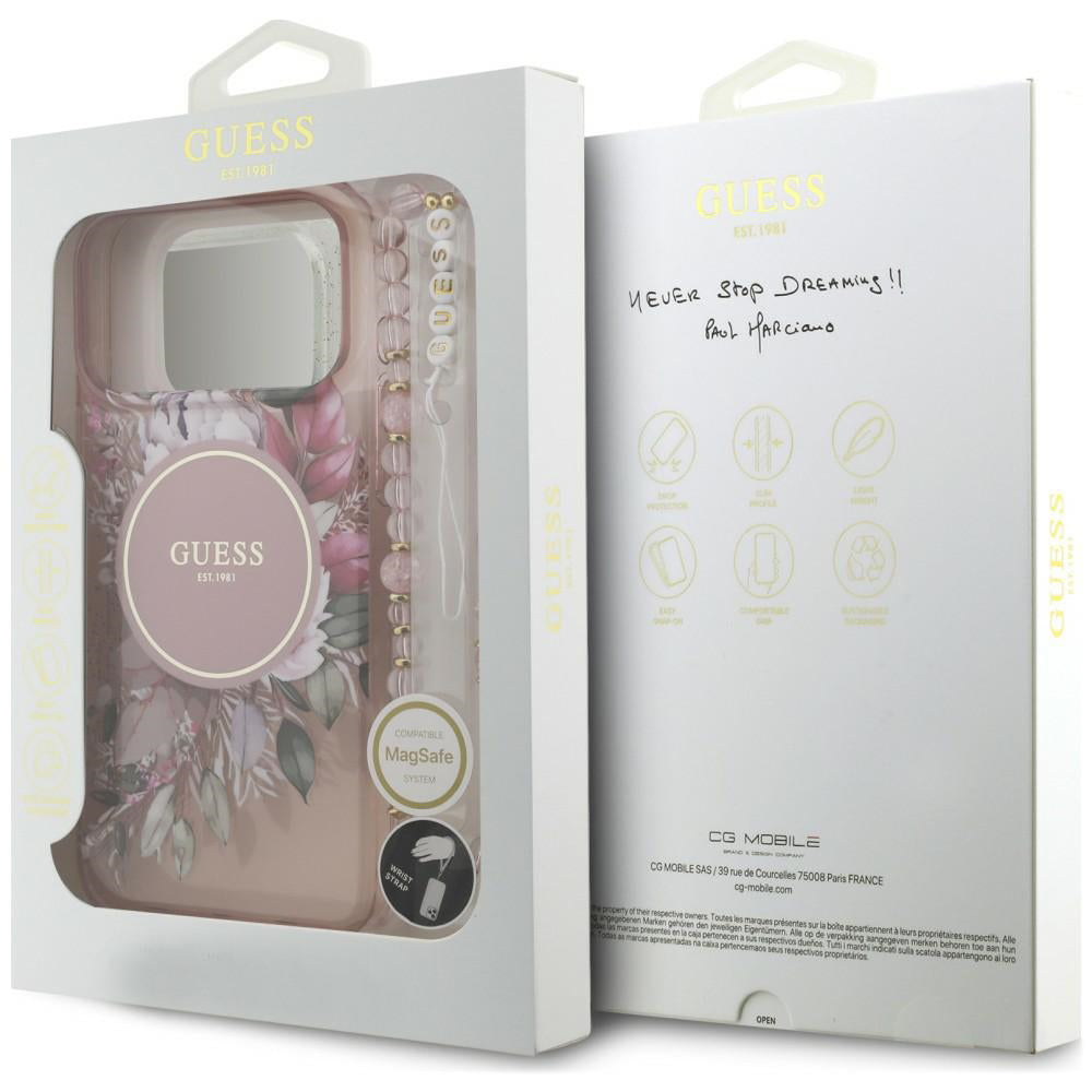 Custodia MagSafe per Apple iPhone 18 Pro Max / 17 Pro Max, Guess, IML Flowers with Pearl Strap, rosa
