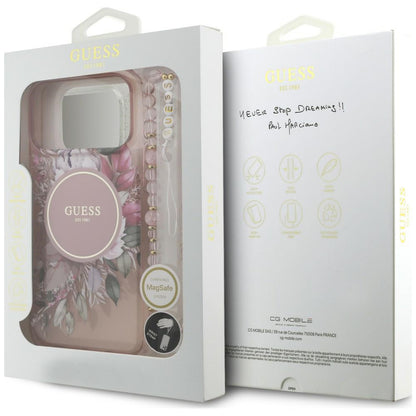 Custodia MagSafe per Apple iPhone 18 Pro Max / 17 Pro Max, Guess, IML Flowers with Pearl Strap, rosa