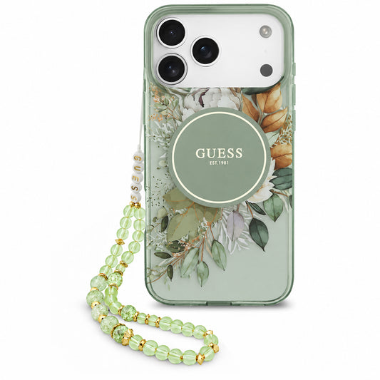 Cover MagSafe per Apple iPhone 18 Pro Max / 17 Pro Max, Guess, IML Flowers with Pearl Strap, Verde
