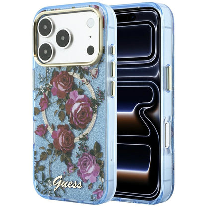 Custodia MagSafe per Apple iPhone 18 Pro Max / 17 Pro Max, Guess, IML Glitter Blossom Roses, Blu