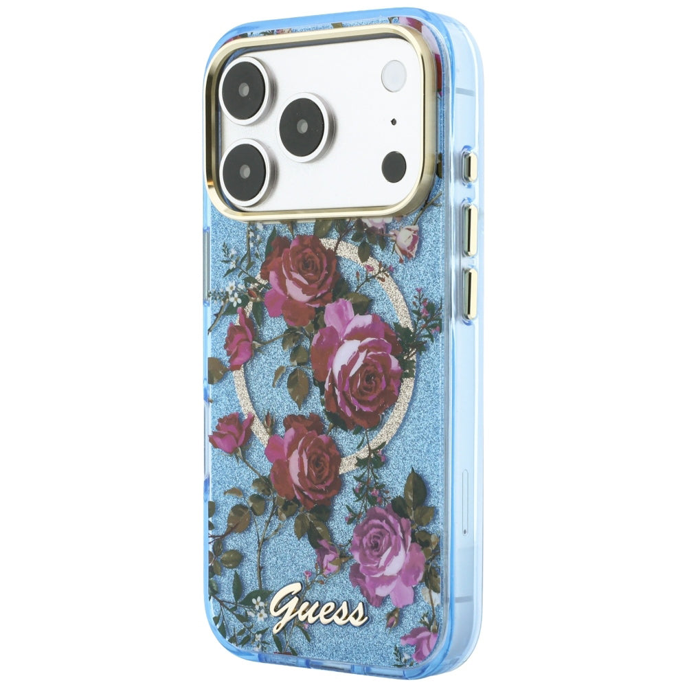 Custodia MagSafe per Apple iPhone 18 Pro Max / 17 Pro Max, Guess, IML Glitter Blossom Roses, Blu