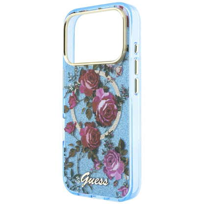 Custodia MagSafe per Apple iPhone 18 Pro Max / 17 Pro Max, Guess, IML Glitter Blossom Roses, Blu