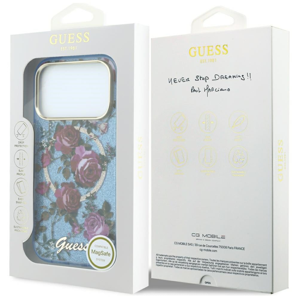Custodia MagSafe per Apple iPhone 18 Pro Max / 17 Pro Max, Guess, IML Glitter Blossom Roses, Blu