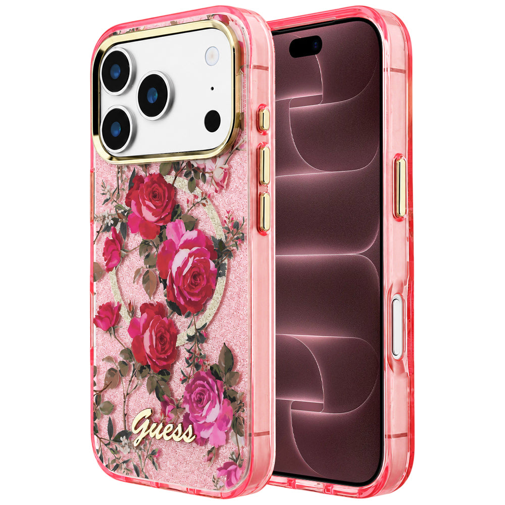 Custodia MagSafe per Apple iPhone 18 Pro Max / 17 Pro Max, Guess, IML Glitter Blossom Roses, Rosa
