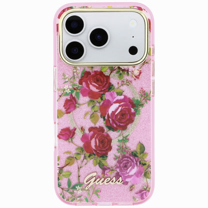 Custodia MagSafe per Apple iPhone 18 Pro Max / 17 Pro Max, Guess, IML Glitter Blossom Roses, Rosa