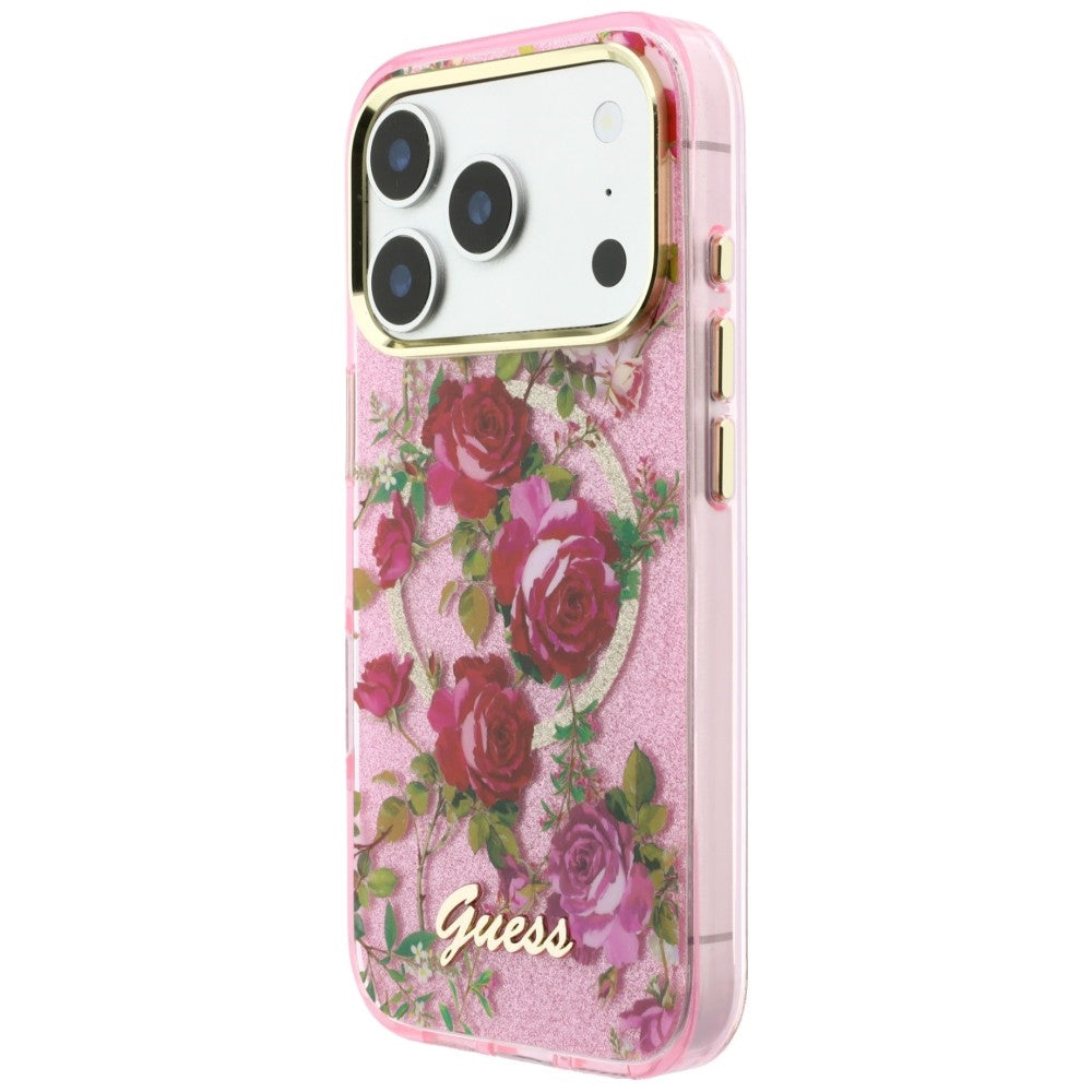 Custodia MagSafe per Apple iPhone 18 Pro Max / 17 Pro Max, Guess, IML Glitter Blossom Roses, Rosa