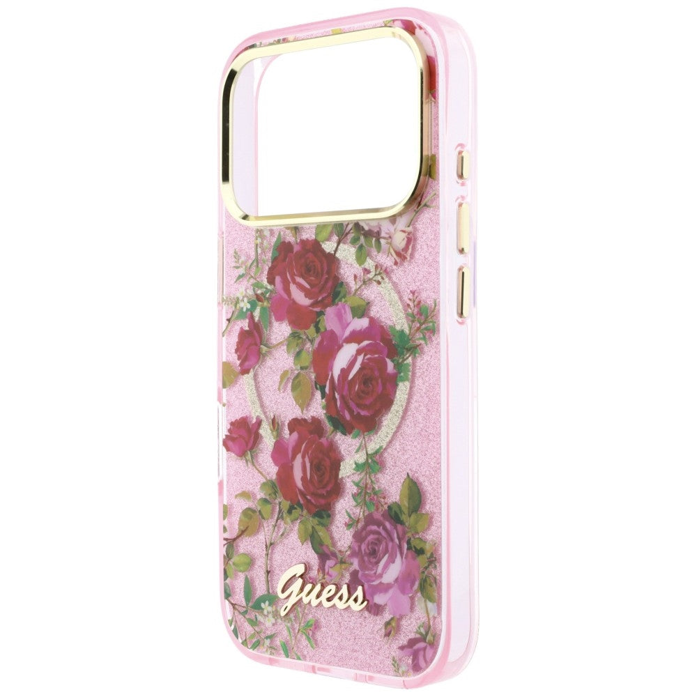 Custodia MagSafe per Apple iPhone 18 Pro Max / 17 Pro Max, Guess, IML Glitter Blossom Roses, Rosa