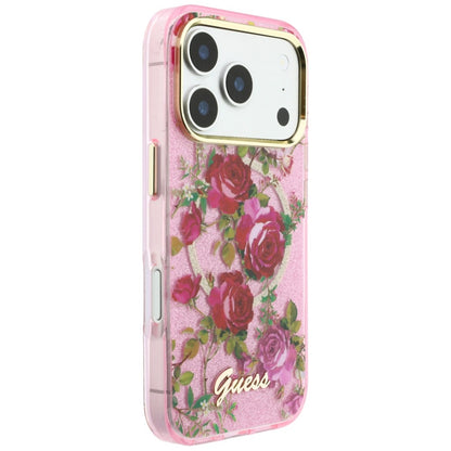 Custodia MagSafe per Apple iPhone 18 Pro Max / 17 Pro Max, Guess, IML Glitter Blossom Roses, Rosa