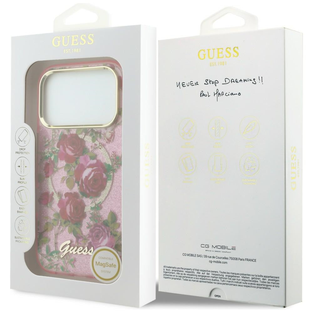 Custodia MagSafe per Apple iPhone 18 Pro Max / 17 Pro Max, Guess, IML Glitter Blossom Roses, Rosa