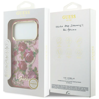 Custodia MagSafe per Apple iPhone 18 Pro Max / 17 Pro Max, Guess, IML Glitter Blossom Roses, Rosa