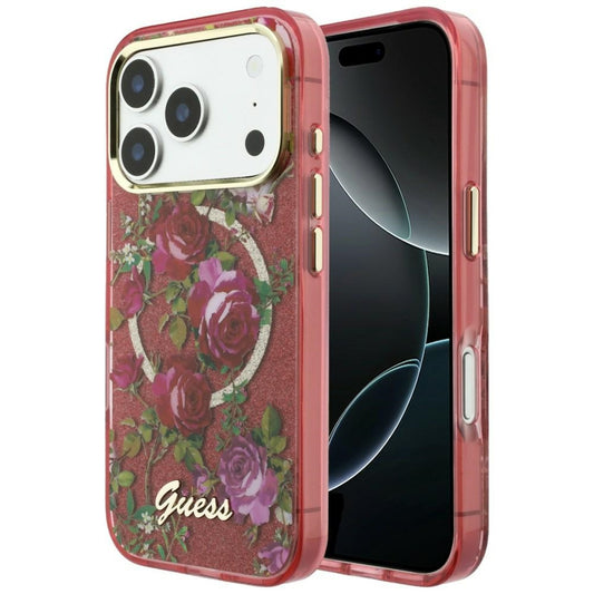 Custodia MagSafe per Apple iPhone 18 Pro Max / 17 Pro Max, Guess, IML Glitter Blossom Roses, Vinaccia
