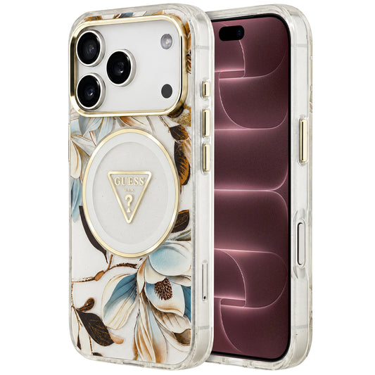 Custodia MagSafe per Apple iPhone 18 Pro Max / 17 Pro Max, Guess, IML Metal Glitter Flowers Triangle, Bianca