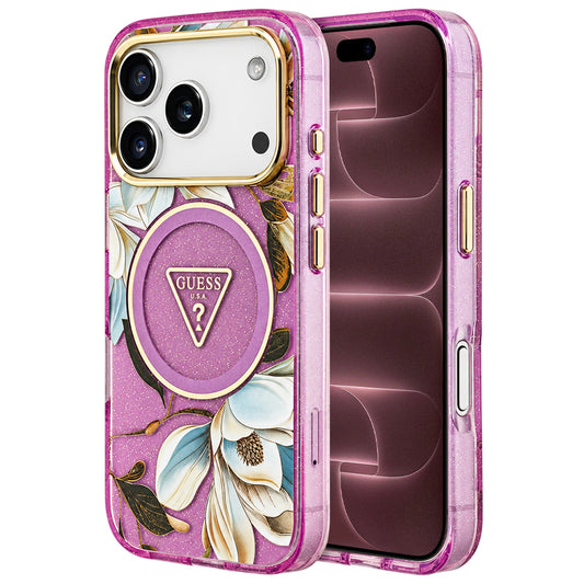 Custodia MagSafe per Apple iPhone 18 Pro Max / 17 Pro Max, Guess, IML Metal Glitter Flowers Triangle, Viola